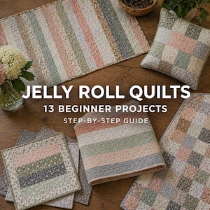 May include: An overhead shot of various quilted items, including a pillow, placemat, and coasters, in pastel colors. The text "JELLY ROLL QUILTS" is displayed, along with "13 BEGINNER PROJECTS" and "STEP-BY-STEP GUIDE". The items are arranged on a wooden surface.
