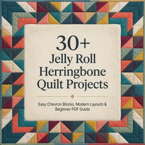 Könnte beinhalten: Ein quadratisches Buchcover für Quiltmuster mit einem Rand aus mehrfarbigen dreieckigen Stoffblöcken in Petrol, Senfgelb, Koralle und Creme. Die Mitte ist ein cremefarbenes Quadrat mit dem Text 30+ Jelly Roll Herringbone Quilt Projects.