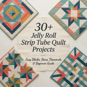 May include: A book cover titled 30+ Jelly Roll Strip Tube Quilt Projects: Easy Blocks, Stars, Diamonds & Beginner Guide, surrounded by four square fabric quilt blocks featuring geometric patterns in teal, coral, yellow, and cream colours.