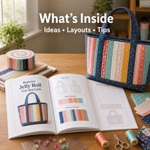 May include: A colorful tote bag with vertical striped panels sits next to an open book titled "Beginner Jelly Roll Tote Bag Guide." The book features bag layout diagrams and fabric planning examples. The image also includes fabric rolls, thread spools, and scissors.