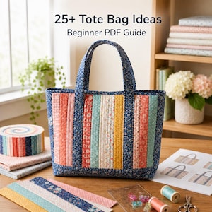 May include: A quilted tote bag with vertical stripes in various colors, including pink, yellow, and blue, with a floral pattern on the handles and borders. The text reads "25+ Tote Bag Ideas Beginner PDF Guide."