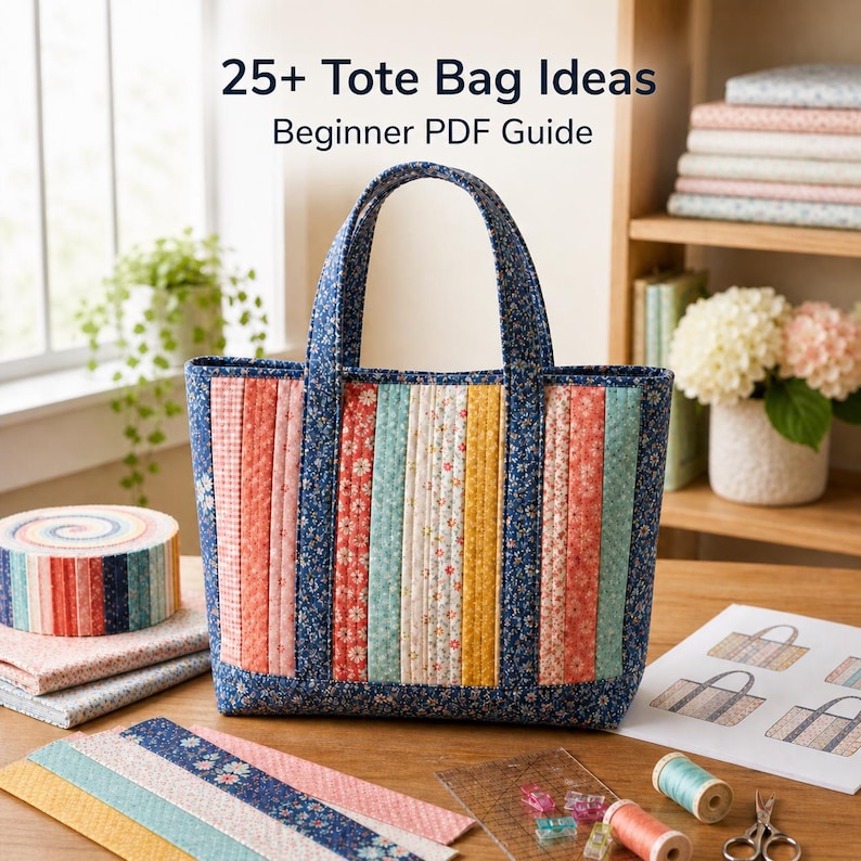 May include: A quilted tote bag with vertical stripes in various colors, including pink, yellow, and blue, with a floral pattern on the handles and borders. The text reads "25+ Tote Bag Ideas Beginner PDF Guide."