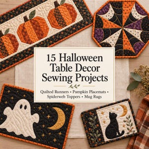 May include: A book cover titled 15 Halloween Table Decor Sewing Projects featuring quilted runners with pumpkins, a spiderweb topper, a ghost and moon placemat, and a black cat and moon placemat with orange, black, and purple fabric patterns.