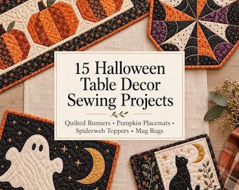 15 Halloween Table Decor Sewing Projects: Quilted Table Runners, Pumpkin Placemats, Spiderweb Toppers, Mug Rugs and Spooky Fall Quilting PDF