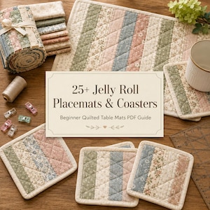 Pode incluir: Uma coleção de jogos americanos e porta-copos acolchoados com padrões florais e listrados em tons suaves de verde, azul e rosa. Uma placa central diz 25+ Jelly Roll Placemats & Coasters Beginner Quilted Table Mats PDF Guide.