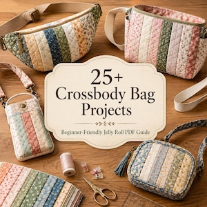May include: An assortment of quilted crossbody bags in various shapes and sizes, featuring floral and striped fabric patterns. The bags are displayed with sewing supplies and the text "25+ Crossbody Bag Projects".