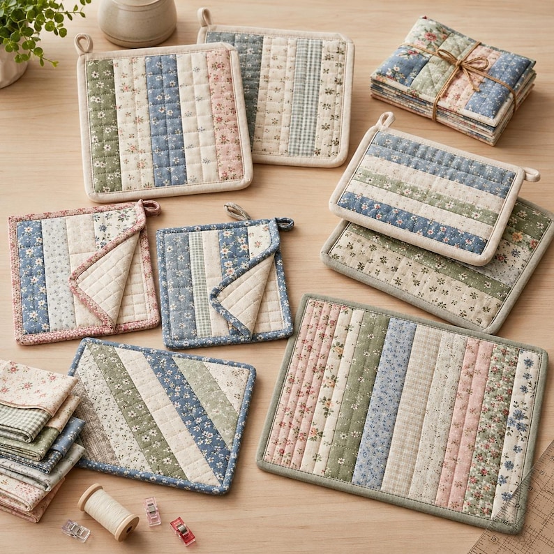 May include: A collection of quilted fabric potholders and placemats featuring vertical and diagonal striped patterns in muted shades of blue, green, pink, and cream with floral and gingham prints, including folded pieces and a stack tied with twine.