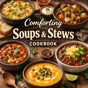 Puede incluir: Una portada de libro de cocina con el título "Comforting Soups & Stews", rodeada de cuencos con varias sopas y guisos. Las sopas incluyen sopa de fideos con pollo, estofado de ternera, chili y una crema de calabaza. Adornos: perejil, queso y lima.