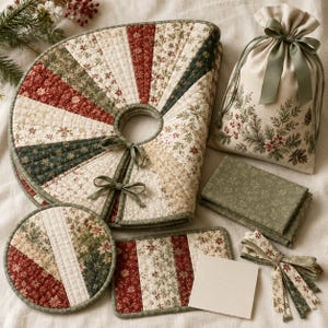 May include: A quilted tree skirt with a circular center cutout and two fabric ties, a drawstring gift bag with a sage green ribbon, a round quilted mat, a rectangular quilted mat, a folded fabric piece, and a set of fabric strips in holiday prints.