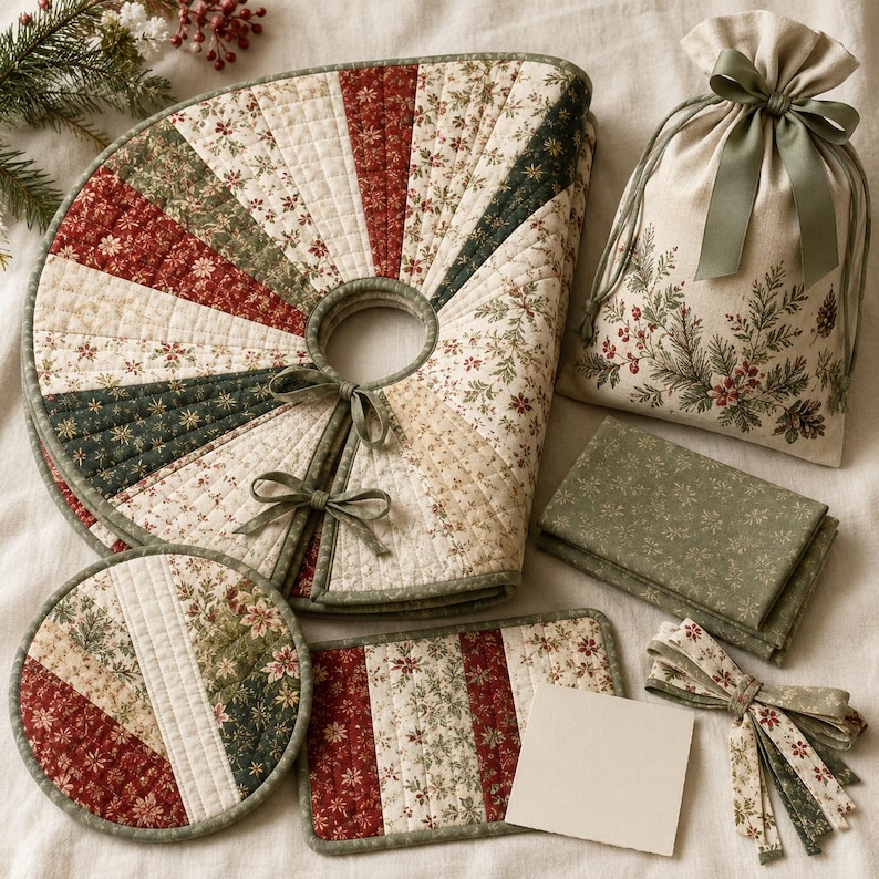 May include: A quilted tree skirt with a circular center cutout and two fabric ties, a drawstring gift bag with a sage green ribbon, a round quilted mat, a rectangular quilted mat, a folded fabric piece, and a set of fabric strips in holiday prints.