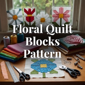 Op de afbeelding: Afbeelding met bloemenquiltblokken met de tekst "Floral Quilt Blocks Pattern". De blokken tonen verschillende bloemontwerpen in rood, roze, wit en blauw. Naaibenodigdheden zoals garen, stof, schaar en een rolmes zijn ook zichtbaar.