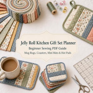 Jelly Roll Kitchen Gift Set Planner for Beginners - Easy Precut Strip Table Gifts, Mini Mats, Mug Rugs & Handmade Gift Ideas PDF Guide