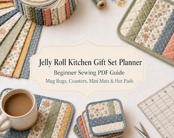 May include: A sewing project set featuring a jelly roll fabric strip bundle, a quilted hot pad, a mug rug with a ceramic mug, and a stack of coasters. The central text reads Jelly Roll Kitchen Gift Set Planner, Beginner Sewing PDF Guide.