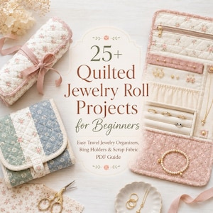 May include: A PDF guide titled 25+ Quilted Jewelry Roll Projects for Beginners featuring images of quilted fabric jewelry organizers in floral patterns, including a rolled case with a ribbon tie, a folded case, and an open organizer with jewelry.
