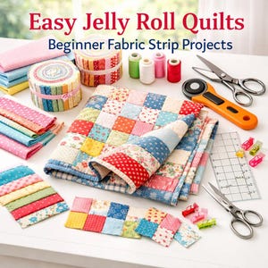 Puede incluir: Una colección de suministros para acolchar y proyectos terminados. La imagen presenta rollos de tela, carretes de hilo, tijeras, un cortador rotatorio y un edredón de retazos. El texto en la parte superior dice "Easy Jelly Roll Quilts Beginner Fabric Strip Projects."