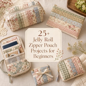 Op de afbeelding: Een collectie van gewatteerde stoffen etuis met rits, voorzien van bloemen- en vichy-patronen in zachte pasteltinten. De afbeelding bevat een tekstoverlay met de tekst 25+ Jelly Roll Zipper Pouch Projects for Beginners rondom de etuis.