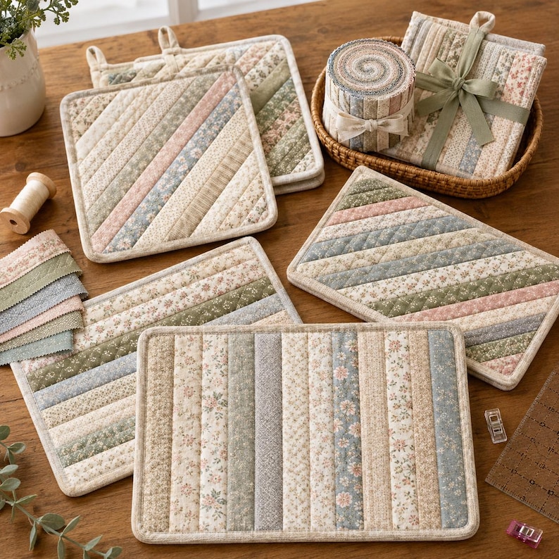 May include: A collection of quilted fabric items including rectangular mats and square pot holders featuring diagonal and vertical strips of floral and patterned fabric in muted shades of sage green, dusty pink, cream, and soft blue, with a fabric roll.