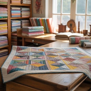 Może przedstawiać: Kolorowa kołdra z geometrycznymi wzorami spoczywa na drewnianym stole. Kołdra zawiera różne kolory, w tym niebieski, żółty i czerwony. Półki w tle są wypełnione stosami tkanin. Widoczne są również materiały do szycia.
