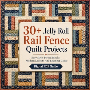 May include: A digital PDF guide titled 30+ Jelly Roll Rail Fence Quilt Projects featuring easy strip-pieced blocks, modern layouts, and a beginner guide. The cover displays a quilt with a rail fence pattern in blue, cream, orange, and green.