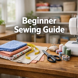 May include: A wooden table displays sewing supplies, including fabric, scissors, spools of thread, and a sewing machine. The text "Beginner Sewing Guide" is displayed in white letters. A yellow measuring tape is draped across the fabric.