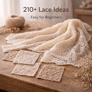 Puede incluir: Una exhibición de artículos de encaje hechos a mano, que incluyen un chal color crema y varias muestras cuadradas en diferentes tonos de beige. El texto "210+ Lace Ideas Easy for Beginners" es visible. Una madeja de hilo se encuentra en la esquina superior izquierda.