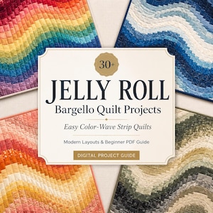 May include: A digital project guide titled 30+ Jelly Roll Bargello Quilt Projects, Easy Color-Wave Strip Quilts, Modern Layouts & Beginner PDF Guide, surrounded by four quilted fabric samples in rainbow, blue, orange, and green wave patterns.