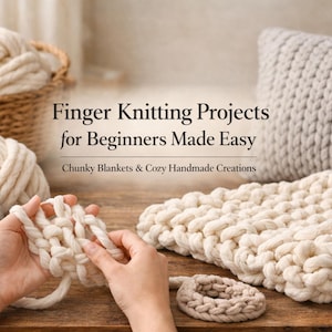 May include: Image showing finger knitting projects. Hands are working with thick, cream-coloured yarn, a knitted square, a pillow, and yarn balls in a basket. Text reads "Finger Knitting Projects for Beginners Made Easy."