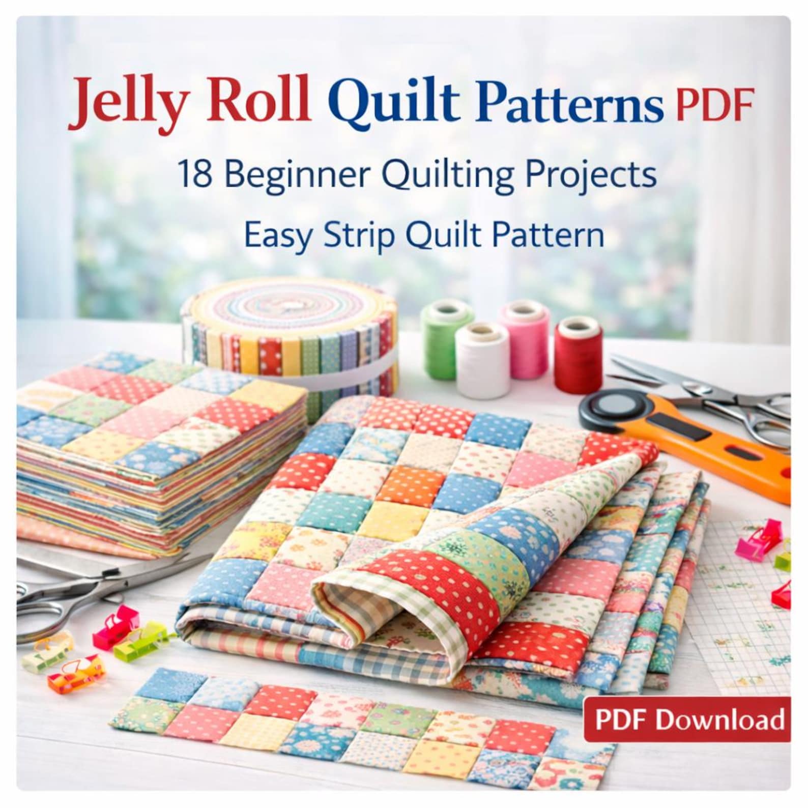 Jelly Roll Quilt Patterns PDF - 18 Beginner Quilting Projects, Easy ...