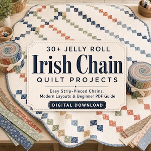 Puede incluir: Una colcha con un patrón de cadena irlandesa con cuadrados de tela color crema, azul, verde y óxido. Un letrero central dice 30+ JELLY ROLL Irish Chain QUILT PROJECTS, Easy Strip-Pieced Chains, Modern Layouts & Beginner PDF Guide, DIGITAL DOWNLOAD.