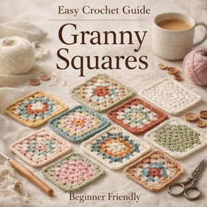 Op de afbeelding: Een boekomslag getiteld "Easy Crochet Guide: Granny Squares" met diverse kleurrijke gehaakte vierkanten. De afbeelding bevat garen, een kopje koffie, knopen, een haaknaald en een schaar. De tekst "Beginner Friendly" is ook zichtbaar.