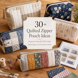Op de afbeelding: Een assortiment gewatteerde ritszakjes in verschillende kleuren en patronen, waaronder bloemen- en patchworkontwerpen. De afbeelding toont een verscheidenheid aan zakjes, een klos garen en de tekst "30+ Quilted Zipper Pouch Ideas".