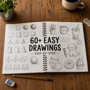 Può includere: Un quaderno aperto con disegni a matita di forme geometriche, piante e alimenti. Il testo "60+ EASY DRAWINGS STEP-BY-STEP" è centrato. Una matita e una gomma sono su una superficie di legno.