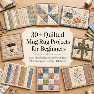 May include: A collection of eight quilted mug rugs featuring various patterns including floral prints, stripes, a coffee cup, and a gift bow. The central text reads 30+ Quilted Mug Rug Projects for Beginners, Easy Mini Quilts, Coffee Coasters & Scrap Fabric Sewing PDF Guide.