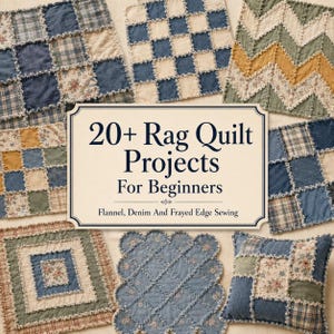 May include: A collection of rag quilts and pillows featuring various patterns including blue plaid, floral prints, and chevron designs with frayed edges. A central sign displays the text 20+ Rag Quilt Projects For Beginners Flannel, Denim And Frayed Edge Sewing.