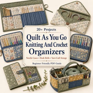 May include: A collection of quilted fabric organizers for knitting and crochet tools, including needle cases, hook rolls, and a storage caddy. A central sign reads 20+ Projects Quilt As You Go Knitting And Crochet Organizers Needle Cases Hook Rolls Yarn Craft Storage Beginner Friendly PDF Guide.