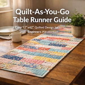 May include: A colourful quilted table runner with a patchwork design, approximately 30 cm by 107 cm. The text on the image reads "Quilt-As-You-Go Table Runner Guide" and "Easy 12"x42" Quilted Design for Beginners (PDF Download)". The runner is on a wooden table.
