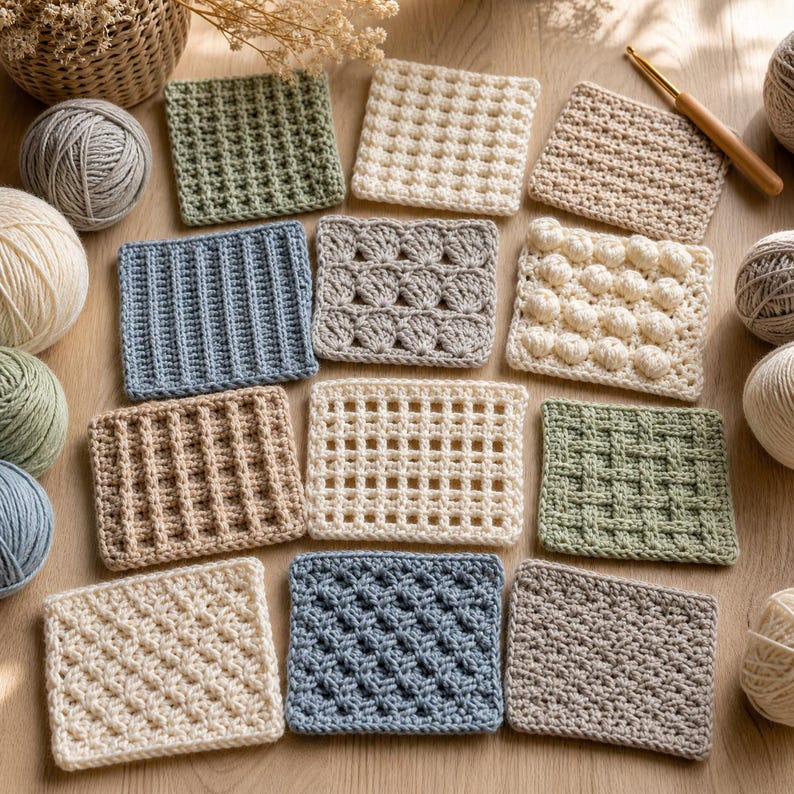 Puede incluir: Una colecci&oacute;n de muestras cuadradas de ganchillo en varios colores y patrones de puntadas. Las muestras incluyen dise&ntilde;os texturizados, como puntadas de canal&eacute;, enrejado y de burbujas. Tambi&eacute;n se ven ovillos de lana y un ganchillo.