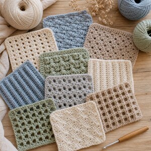 Puede incluir: Una colecci&oacute;n de cuadrados de ganchillo hechos a mano en varios colores y patrones de puntadas. Los cuadrados incluyen tonos de azul, verde, beige y gris. Tambi&eacute;n se ven ovillos de lana y un ganchillo, lo que sugiere un tema artesanal.