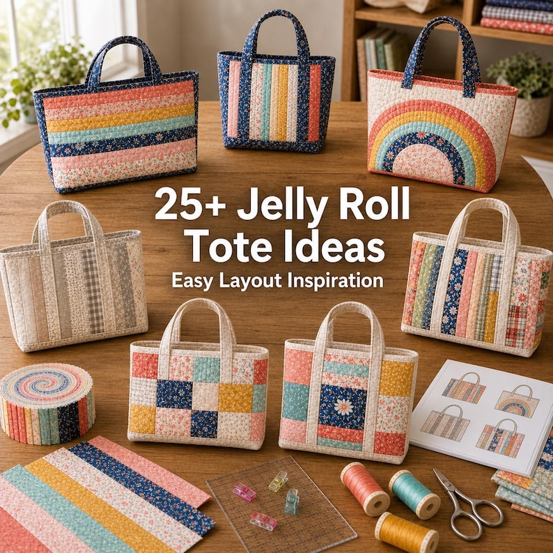 May include: A collection of handmade tote bags in various designs and colors, including a rainbow pattern. The bags are made from quilted fabric and feature handles. The image also includes fabric rolls, sewing supplies, and the text "25+ Jelly Roll Tote Ideas".