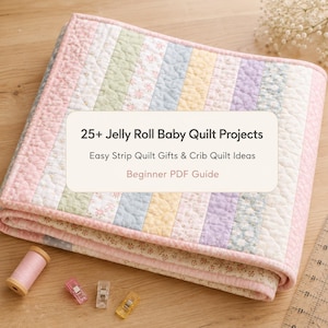 May include: A folded baby quilt featuring vertical fabric strips in pastel pink, green, blue, yellow, and lavender with floral patterns. A text overlay reads 25+ Jelly Roll Baby Quilt Projects, Easy Strip Quilt Gifts & Crib Quilt Ideas, Beginner PDF Guide.