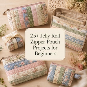 Puede incluir: Cuatro estuches acolchados con cremallera que presentan tiras verticales de tela floral y de cuadros en tonos rosa, verde y azul. Un cuadro de texto central dice 25+ Jelly Roll Zipper Pouch Projects for Beginners.