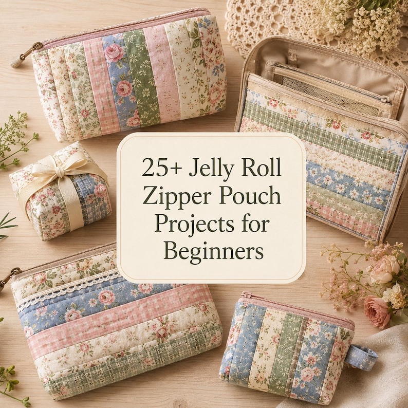 Puede incluir: Cuatro estuches acolchados con cremallera que presentan tiras verticales de tela floral y de cuadros en tonos rosa, verde y azul. Un cuadro de texto central dice 25+ Jelly Roll Zipper Pouch Projects for Beginners.