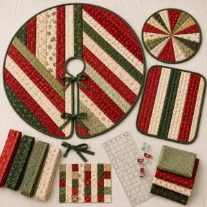 May include: A quilted Christmas tree skirt, a round mat, and a rectangular mat featuring diagonal and vertical stripes in red, green, and cream floral patterns. Includes fabric strips, a small square patch, a clear ruler, and clips.