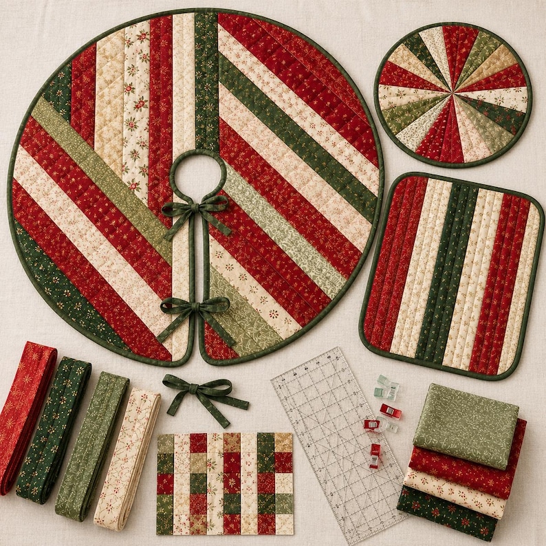 May include: A quilted Christmas tree skirt, a round mat, and a rectangular mat featuring diagonal and vertical stripes in red, green, and cream floral patterns. Includes fabric strips, a small square patch, a clear ruler, and clips.