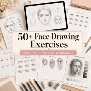 May include: A collection of drawing practice sheets and a tablet displaying portrait sketches. The central text reads 50+ Face Drawing Exercises Beginner Portrait Workbook. The pages feature grids for eyes, noses, lips, hair, and shading techniques.