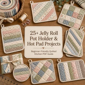 Puede incluir: Una colección de agarradores y salvamanteles acolchados con diversos estampados florales y colores pastel, dispuestos alrededor de un cartel central que dice 25+ Jelly Roll Pot Holder & Hot Pad Projects Beginner-Friendly Quilted Kitchen PDF Guide.