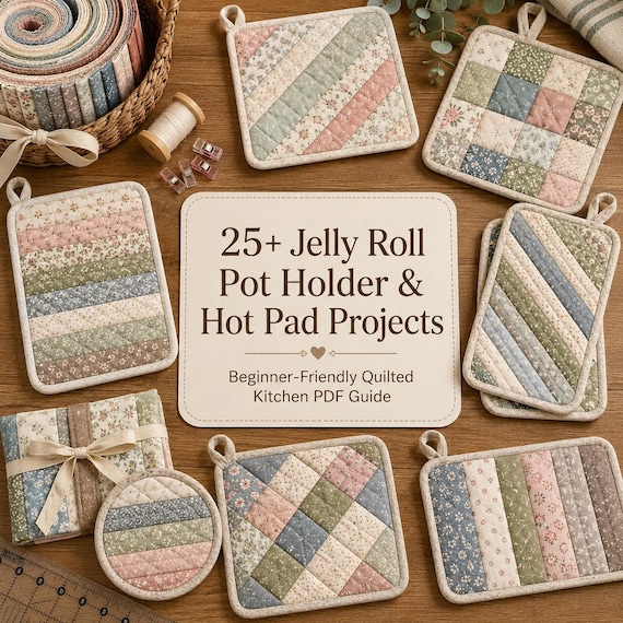 25+ Jelly Roll Pot Holder and Hot Pad Projects for Beginners – Easy Quilted Kitchen Gifts, Fabric Strip Mats & Simple Sewing PDF Guide