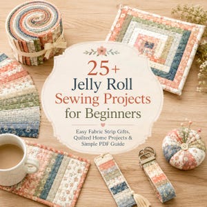 May include: A collection of floral fabric strips, a quilted mat, a mug, a bookmark, a keychain, and a pincushion. The central text reads: 25+ Jelly Roll Sewing Projects for Beginners. Easy Fabric Strip Gifts, Quilted Home Projects & Simple PDF Guide.