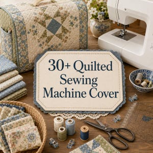 May include: A rectangular sign with scalloped edges displays the text 30+ Quilted Sewing Machine Cover in dark blue font. The sign is placed near a quilted sewing machine cover, a sewing machine, a basket of fabric scraps, thread spools, and scissors.