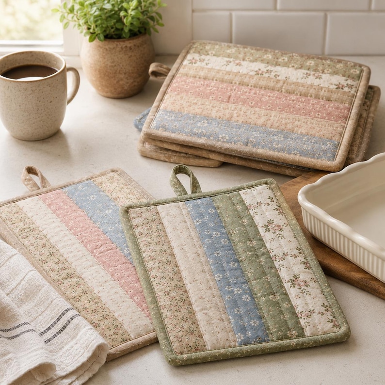 May include: A set of rectangular quilted pot holders featuring vertical fabric strips in muted shades of sage green, dusty pink, cream, and light blue, each decorated with small floral patterns and finished with a fabric hanging loop.
